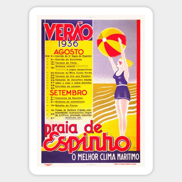 Praia de Espinho Verao Portugal Vintage Poster 1936 Sticker by vintagetreasure